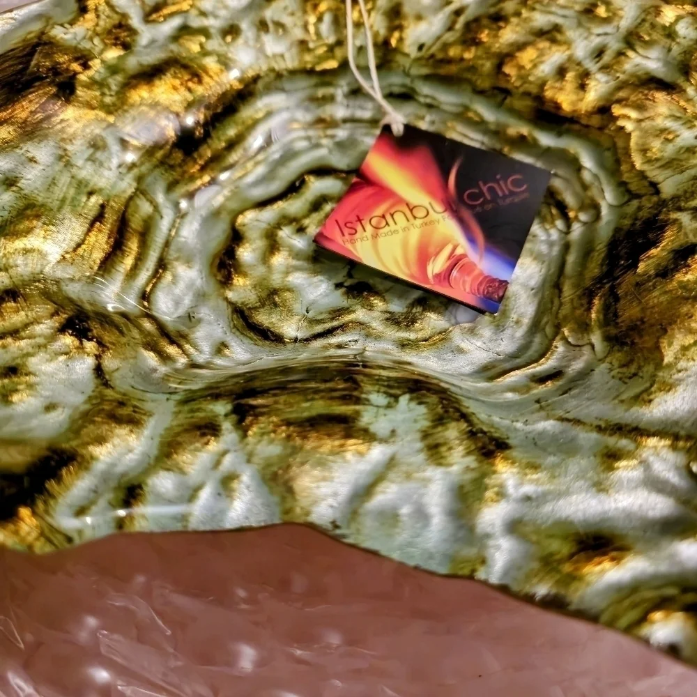 $10 CUT - 14" x 11" Turkish Glass, Clam Shell Hand Painted W/ Gold & Wood Bark - Picture 4 of 12